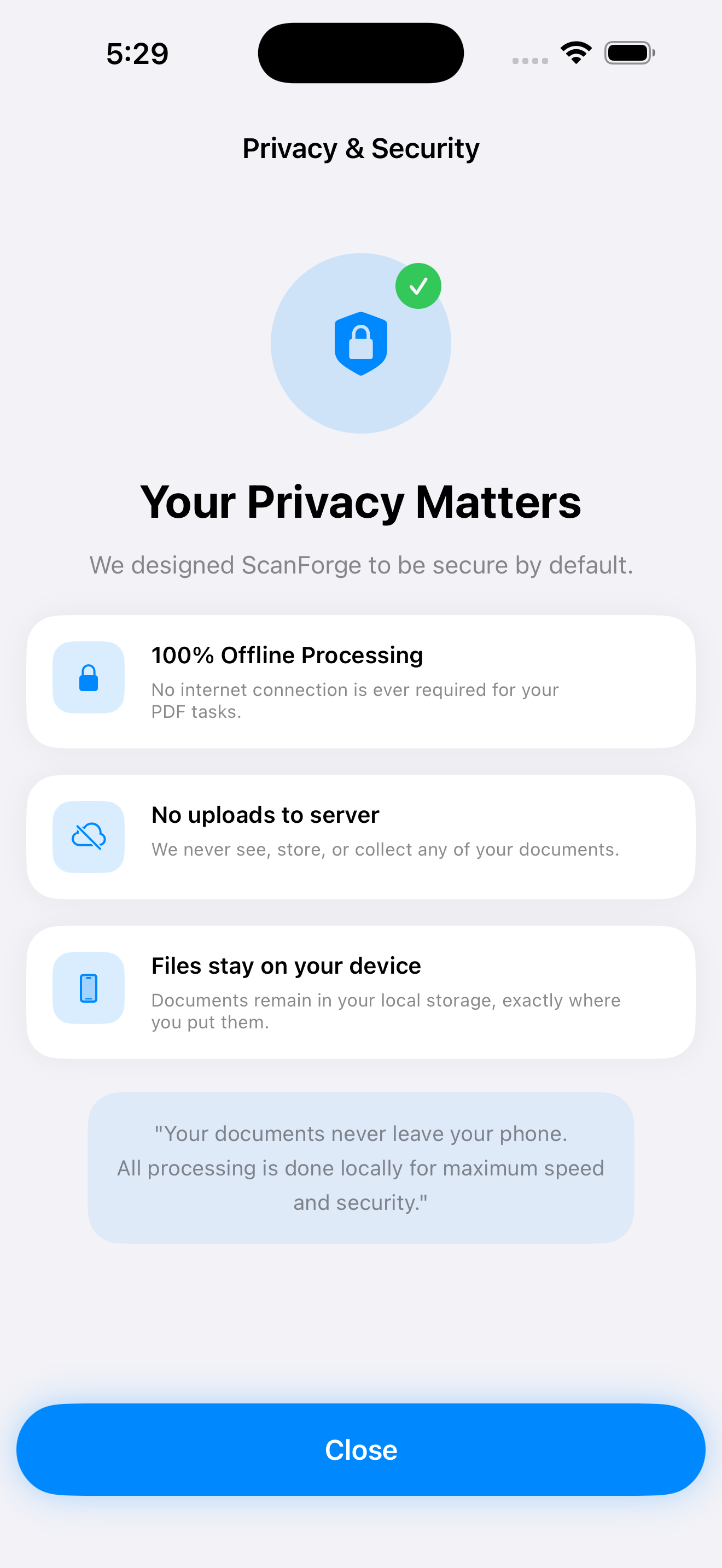 ScanForge privacy and security screen showing 100% offline processing