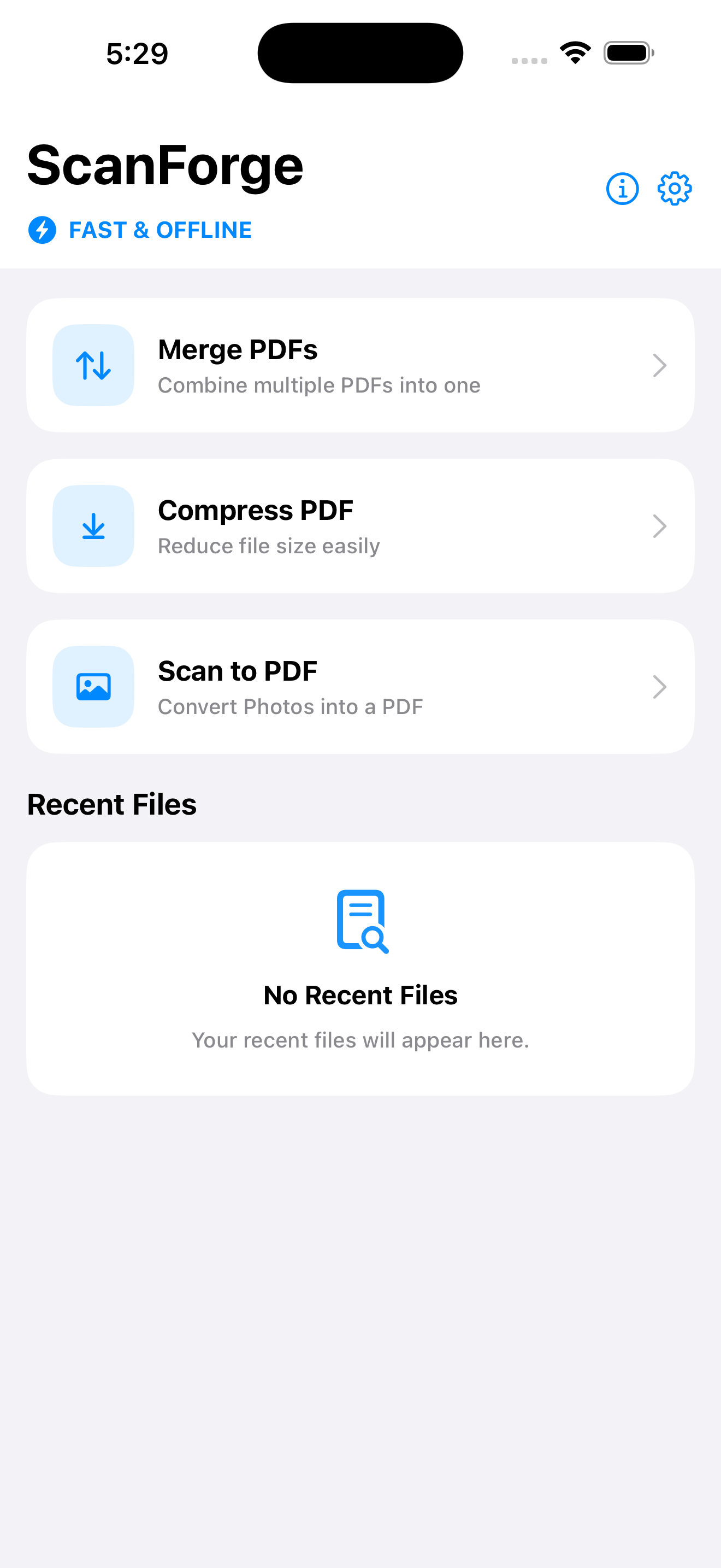 ScanForge PDF Tools home screen with Merge, Compress, and Scan options