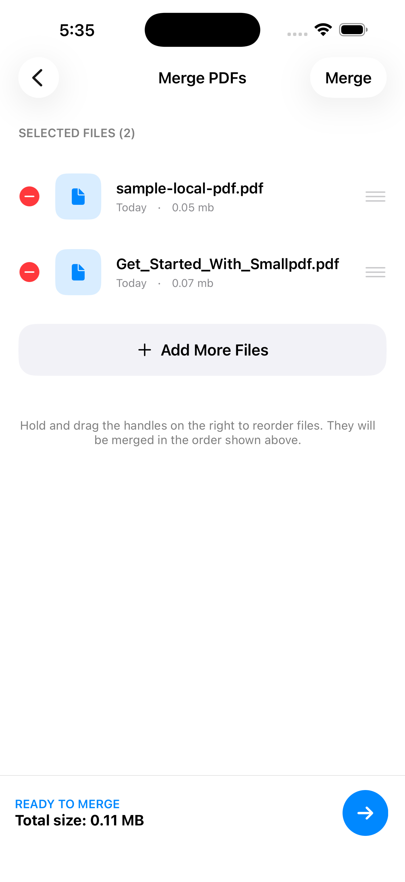 ScanForge merge PDFs screen with selected files